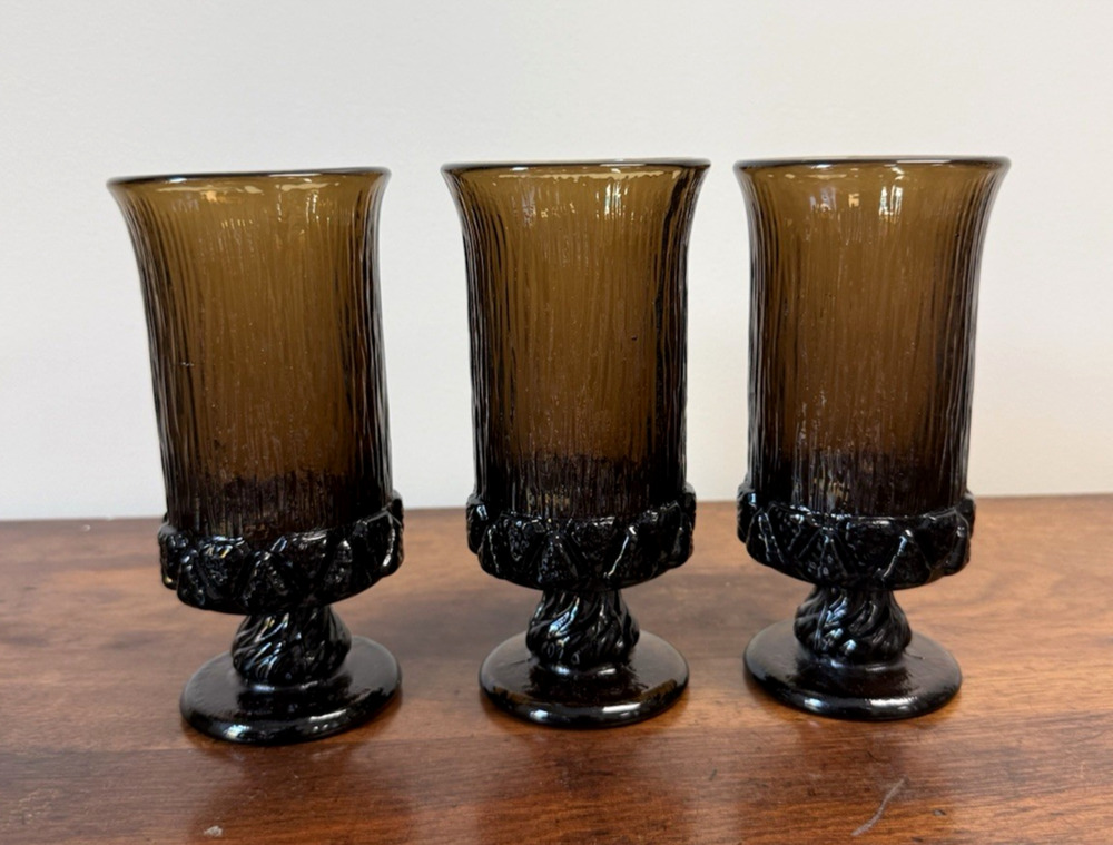 Vintage 1970's Fostoria Sorrento Brown Goblets Set of 3 6.75" Tall #2832 Glasses